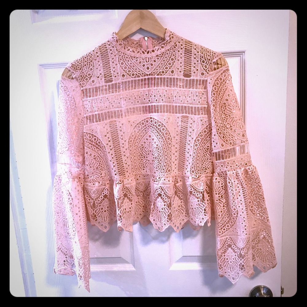 Pink Lace Peplum and Bell Sleeve Crop Top